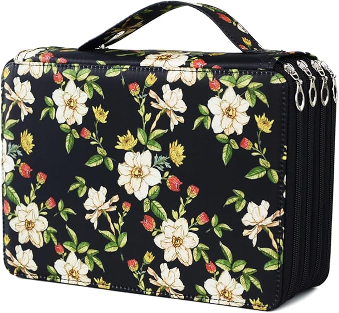 YOUNGCOL 200 Slots Colored Pencil Case Color Pencil Organizer Storage Large Capacity Pencil Case (Black + Retro Flower)