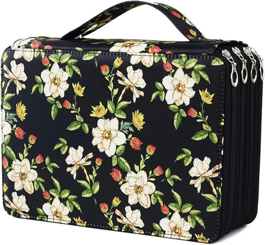 YOUNGCOL 200 Slots Colored Pencil Case Color Pencil Organizer Storage Large Capacity Pencil Case (Black + Retro Flower)