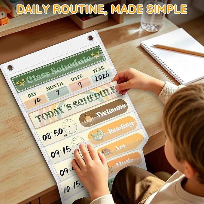 AKAYOK Daily Schedule Pocket Chart, 13+1 Pocket Visual Schedule for Kids, Includes 24 Reusable Dry-Erase Cards, Daily Planner with Hourly Schedule for Classroom, Office, Home, School Activities