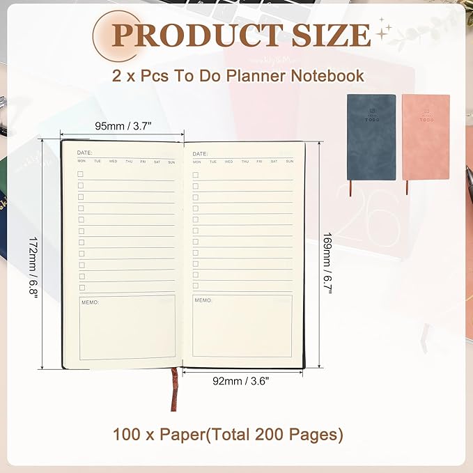 PATIKIL 2Pcs Planner Notebook, A6 100 Sheets Undated to Do List Daily Weekly Monthly Goals Tracker Pocket Notebook for Office Study Time Management Fitness Weeding, Pink/Dark Blue
