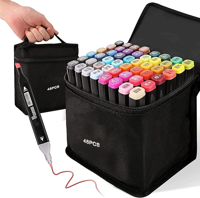 Kebuye 48 Colors Alcohol Markers Set, Dual Tips Blender Art Markers for Drawing Sketching Coloring Artist Pens and Underlining, Professional Permanent Sketch Marker for Kids adult coloring