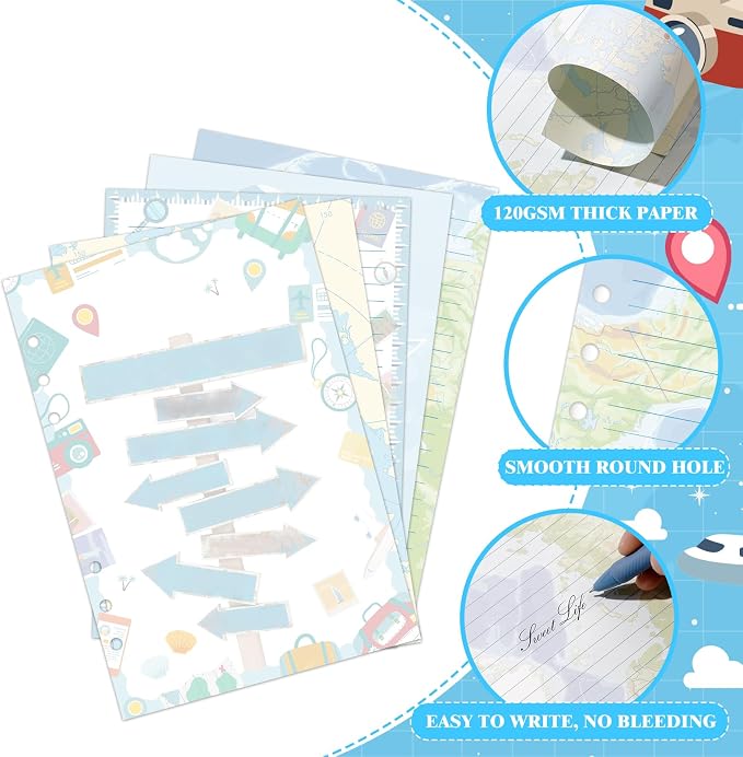 100 Sheets Travel A5 Refills Papers for Planner Insert Binder, 120GSM Thick World Map Notebook Fillers, Adventure 6 Hole Loose Leaf Papers for A5 6 Ring Binder Journal Diary Budget Travelers