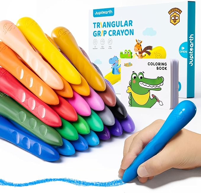 JUPITEARTH 24 Colors Crayons for Kids Ages 4-8 with Coloring Book & Bonus Stickers, Non-Toxic & Washable Triangle Crayons for Toddlers 1-3, Fat Brain Toys for Art Supplies and Ideal for Kids