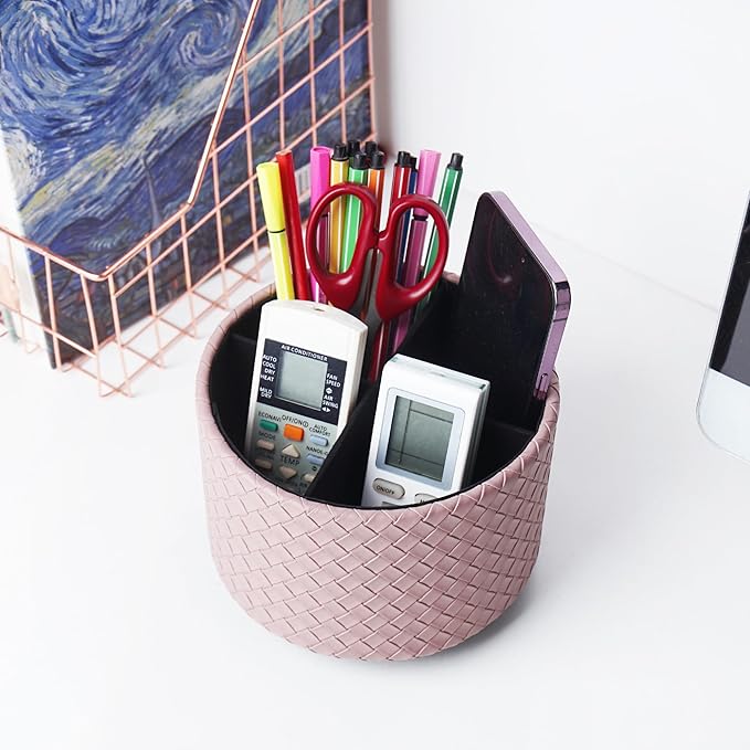 Round Leather Art Supply Organizer,Remote Control Holder,360 Degree Spinning,Multi-Functional Pencil Holder,4 Compartments Desktop Stationary Organizer(1-Weave Purple)
