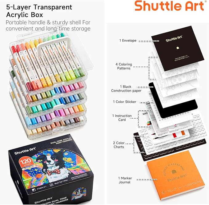Shuttle Art 120 Colors Dual Tone Acrylic Paint Markers, 60 Pack Acrylic Paint Pens Set for Rock Painting, Ceramic, Wood, Canvas, Glass, Stone, Fabric, Card Making, DIY Crafts & Art Supplies
