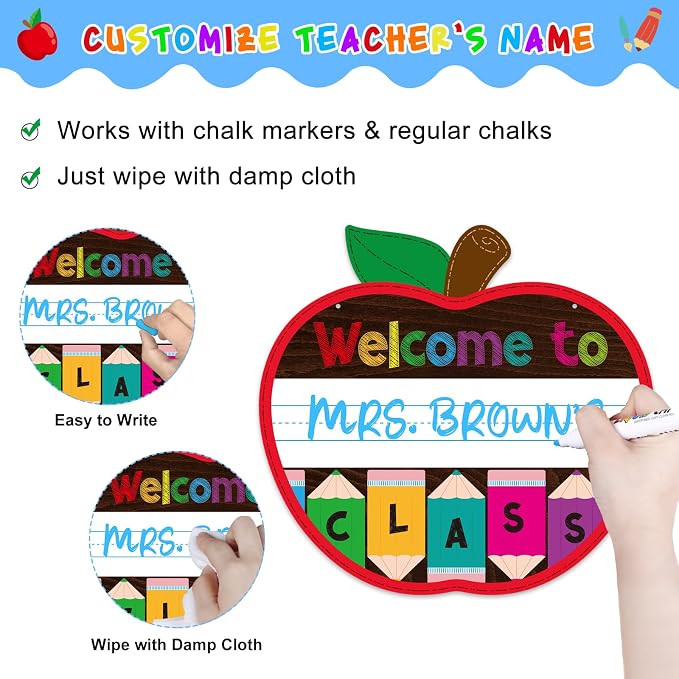 WaaHome Welcome Sign for Classroom Door Decorations 11.3"x12" Personalized Apple-shape Teacher Door Sign Back to School Welcome to Our Classroom Sign Teacher Name Sign for Classroom Door Teacher Supplies