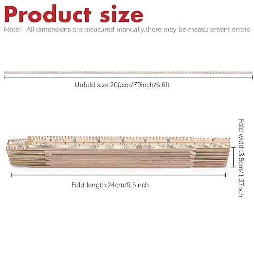 Jeemiter Heavy-Duty Wood Folding Rule, 6.5FT/2M Hardwood Carpenter Ruler with Brass Hinges | Anti-Warp Yard Stick with Inch & Metric Scales