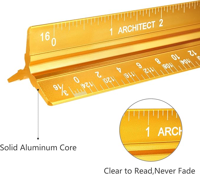 Architectural Scale Ruler, Imperial Measurements 12'', Laser-Etched Aluminum Architect Triangular Ruler Gold for Architects, Students, Draftsman, and Engineers by mveohos