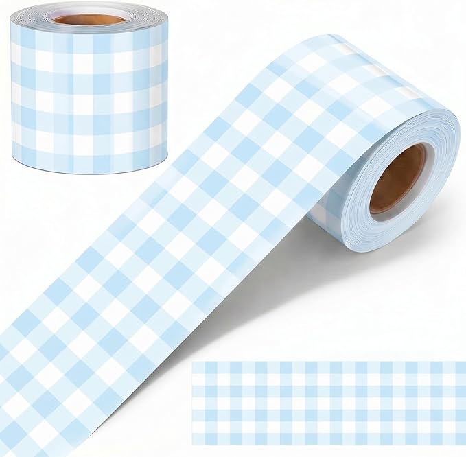 Pastel Blue 65.6 Ft Gingham Bulletin Board Border Die Cut Straight Border Trim Plaid Checkered Classrooms Decor for Whiteboard Wall Desk Window Door Locker Office School Party