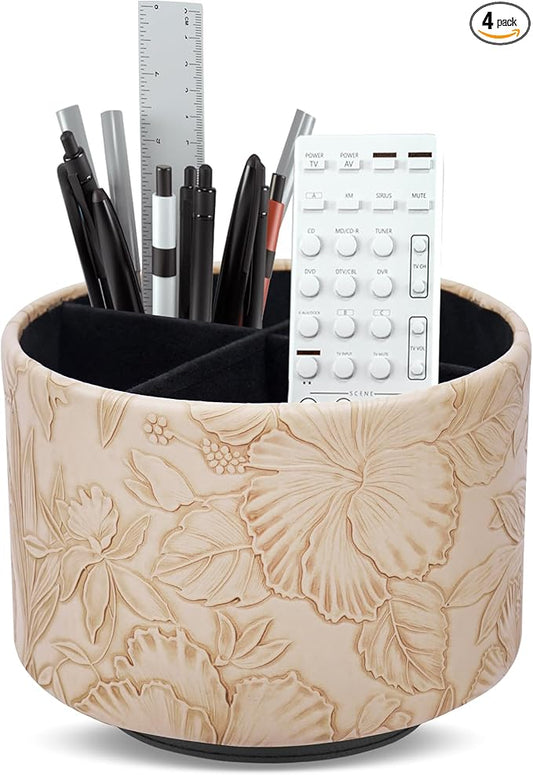 Round Leather Art Supply Organizer,Remote Control Holder,360 Degree Spinning,Multi-Functional Pencil Holder,4 Compartments Desktop Stationary Organizer(1-Carved Light Brown)