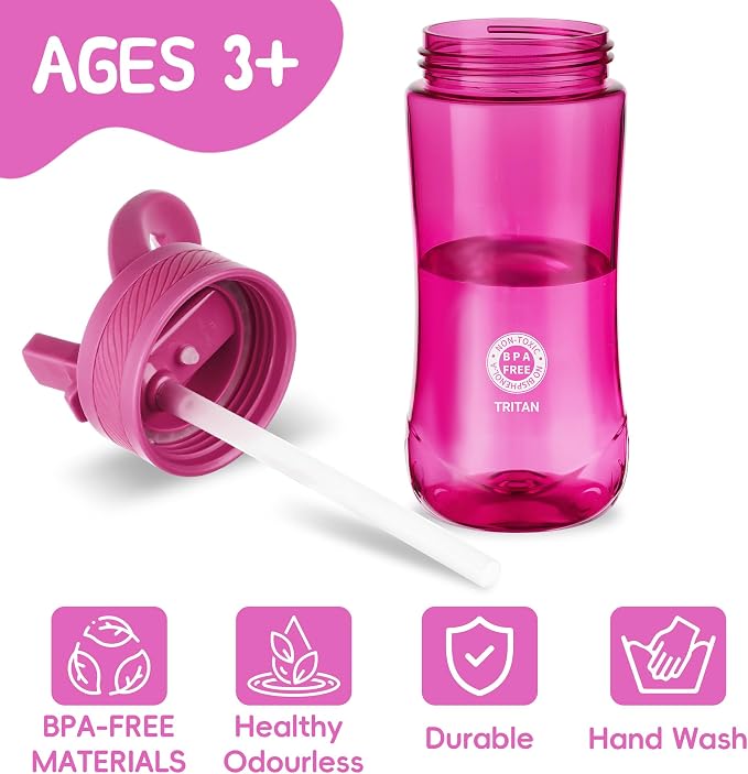 14oz Clear Kids Water Bottle with Straw Lid, BPA-Free Tritan, Measurement Scale, Sturdy Handle Wide Mouth Leak-proof Reusable Plastic Bottle for Boy& Girls, Back to School(Rose)
