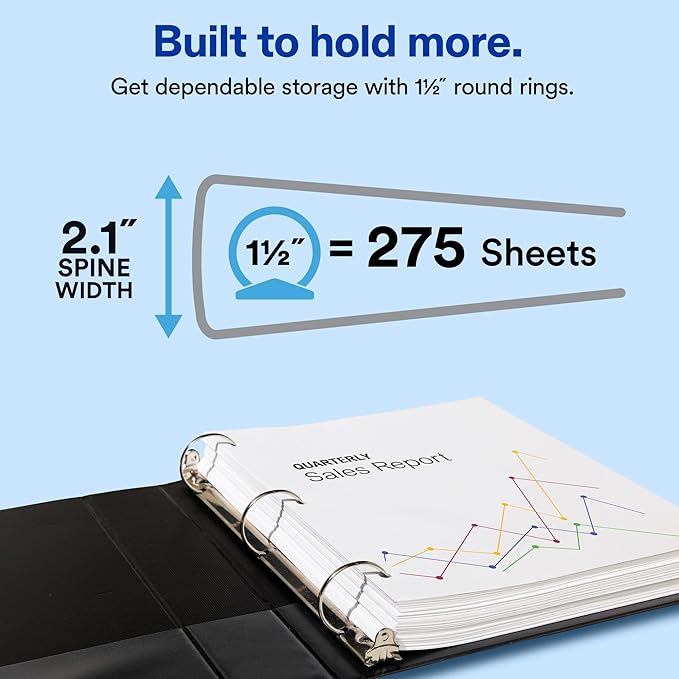 Avery Standard View 3 Ring Binder, 1.5" Round Rings, 275-Sheet Capacity, 2.1 Inch Wide Spine, 1 Black Binder, Ideal for Lightweight Organization and Occasional Referencing (05771)