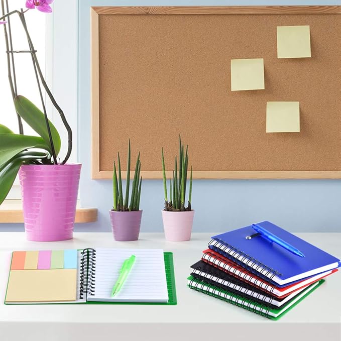 Coopay 4 Pieces Spiral Notebook Steno Pocket Notepad with Pen in Holder and Sticky Notes, Page Marker Index Tabs Flags Making Plans Writing Memos Office School Supplies (Black, Blue, Red, Green)