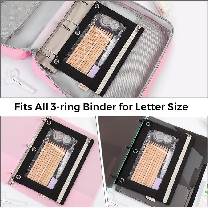 SKYDUE Pencil Pouch for 3 Ring Binder, 9.8" x 7.3" Clear Window Pencil Bag | Zipper Pencil Pouches for Girls Boys, Black Pencil Pouch with 3 Reinforced Grommets, Durable Organizer for School Supplies
