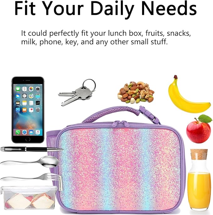 GYEUKHAM Insulated Lunch Box for School, Thermal Reusable Durable Freezable Lunch Bags for Kids Boys Girls Men Women - Small Soft Cooler Portable Lunch Tote Kit for Work Picnic Travel,Purple Glitter