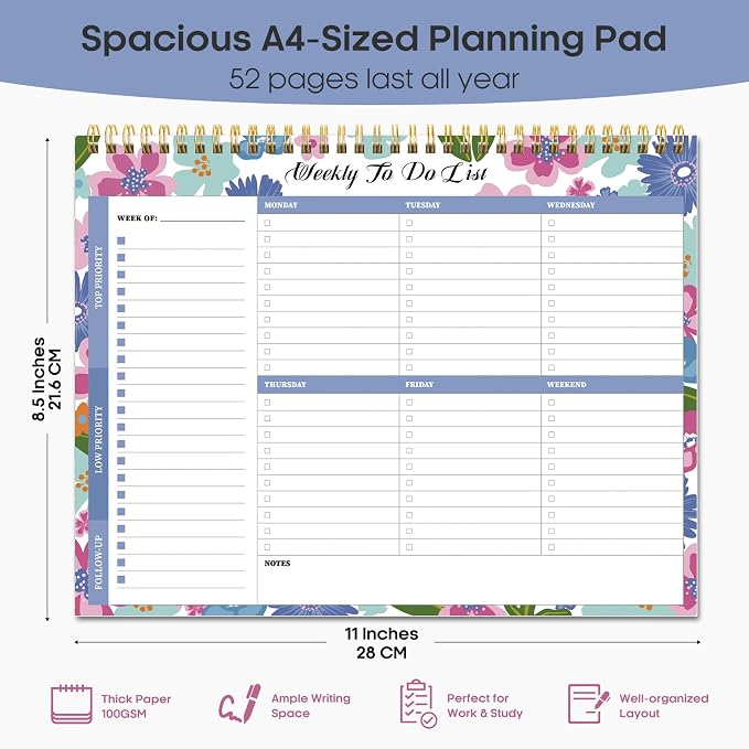 Weekly To Do List Notepad with 52 Undated Sheets（8.5"×11"）- Weekly Desk Planner for Women & Man, Work and Home - Bright Garden