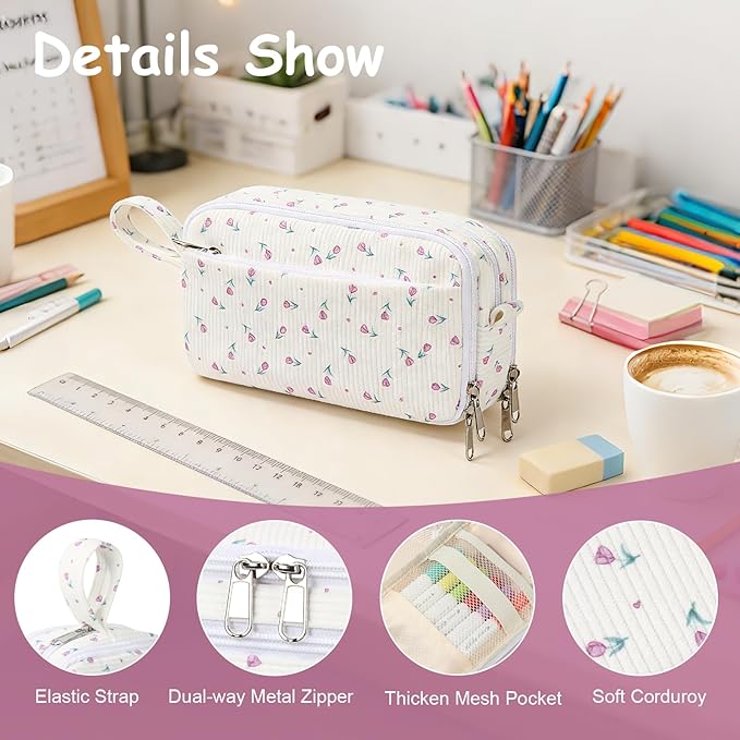 BuyCard Big Capacity Pencil Case, Corduroy Fabric, White with Purple Floral Pattern, Pencil Bag with Zipper Closure, Graduation Gift Office Stationery Storage Pen Pouch