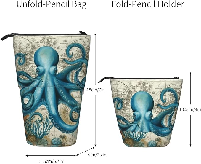Beach Octopus Kids Standing Pencil Case Girls Boys Telescopic Stationary Pouch with Zipper Large Capacity Stand up Pen Bag Portable Makeup Holder for Children School Students Office Supplies
