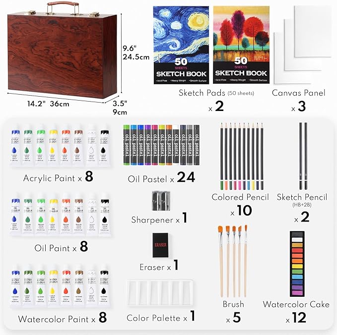 Color More Art Set, Deluxe Drawing Kit Supplies with Acrylic Paints, Drawing Pads, Crayons, Color Pencil Set, Watercolor Paint Set in Wooden Art Box, Arts and Crafts for Kids & Adults, Birthday Gift