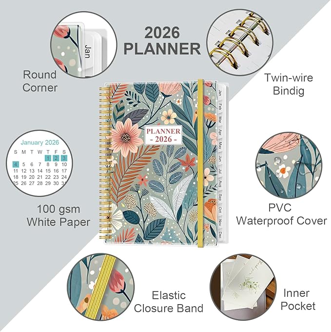 2026 Planner - Planner 2026 from January 2026 to December 2026 with 12 Monthly Tabs, Flexible Cover, Inner Pocket, 8.5" x 11", Flower-A