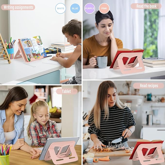 4Pack Book Stand - Waterproof Book Holder, Lightweight, Hands Free (Blue, Purple, Pink, White, 11.82" * 8.26")
