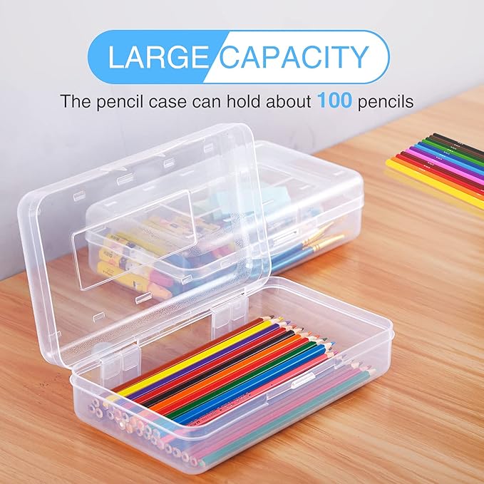 Sooez 3 Pack Pencil Case, Large Hard Pencil Box Bulk, Clear Crayon Box Marker Pen Organizer, Plastic Storage Container with Snap Lid, Stackable Art Craft Organizer Back to School Supplies, Clear
