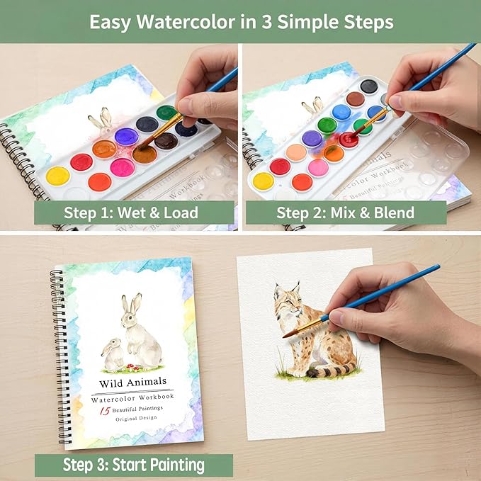 Watercolor Workbooks Coloring Book, Beginner Friendly Painting Kit, Detailed Steps, Creative Exploration Watercolor Book with Paint Set for Adults Teens (Wild Animals, With paint)