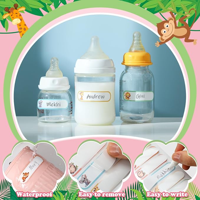 Waterproof Name Labels for Kids Daycare 320 Pcs, Animal | Self Adhesive Baby Water Bottle Stickers for School Supplies, Self Laminating, School Name Stickers for Lunch Boxes