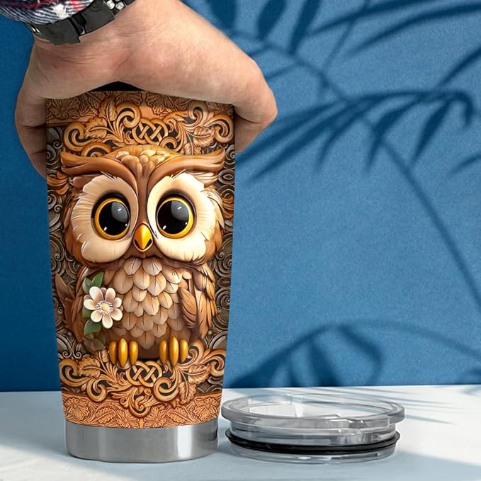 SANDJEST Owl Tumbler 20oz Owls Gifts for Women Girl Owl Wood Drawing Stainless Steel Insulated Tumblers Coffee Travel Mug Cup Gift for Birthday Christmas