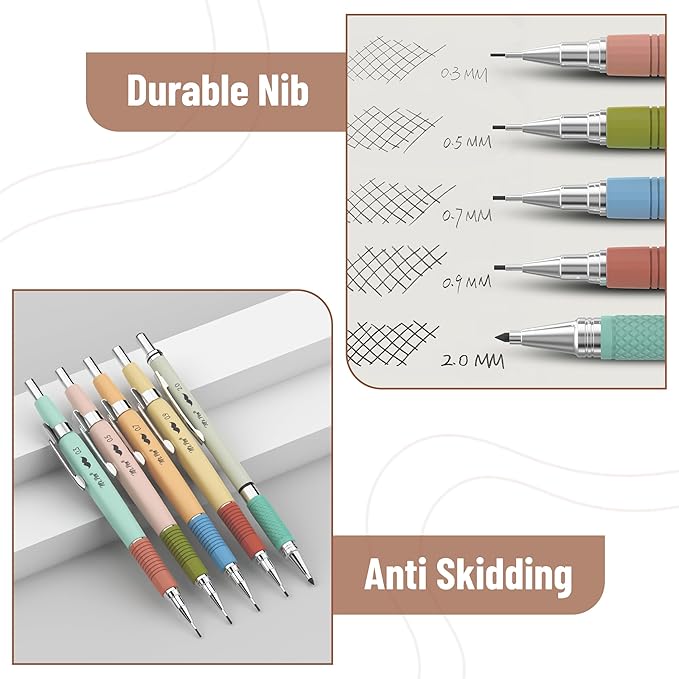 Mr. Pen- Art Mechanical Pencil Set, 5 Metal Mechanical Pencils (0.3, 0.5, 0.7, 0.9, 2.0mm), 5 HB Lead Refills & 10 Eraser Refills, Precision Drawing Pencils for Sketching, Writing & Technical Artwork