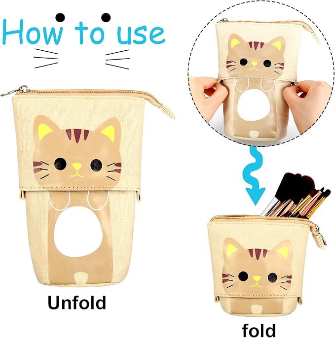 Zonon 4 Pieces Standing Pencil Case Cat Print Telescopic Pencil Case Stand up Pen Holder Canvas PU Cartoon Portable Makeup Bag for School Office Cosmetics Gift Supply(Cat Print)