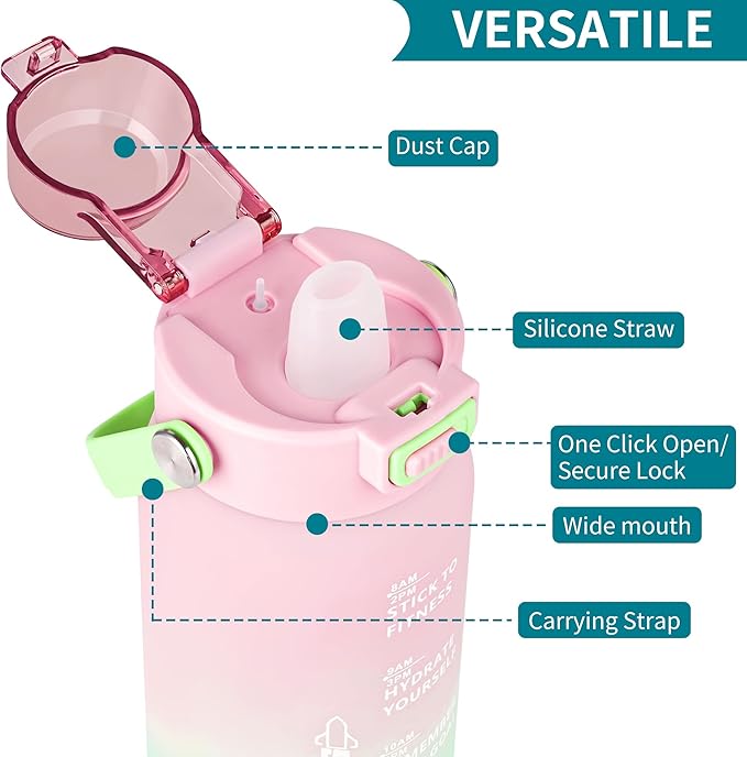 Gulex Motivational Water Bottle 32oz with Time Marker- Leakproof & BPA Free Sports Water Bottle with Straw & Carry Strap for Gym, Travel and Outdoor Sports (Pink/Blue Gradient)