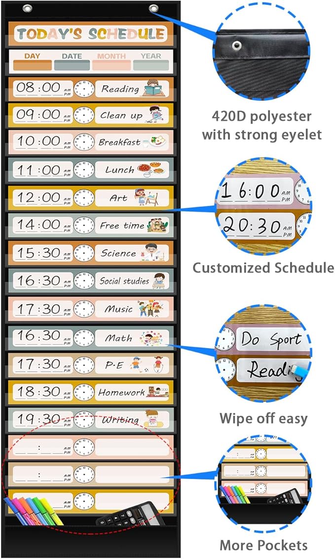 REGELETO Boho 18+1 Pockets Daily Schedule Pocket Chart, 30 pcs Double-Sided Reusable Cards, Scheduling Pocket Chart for Classroom Office Home School Activity(Black)
