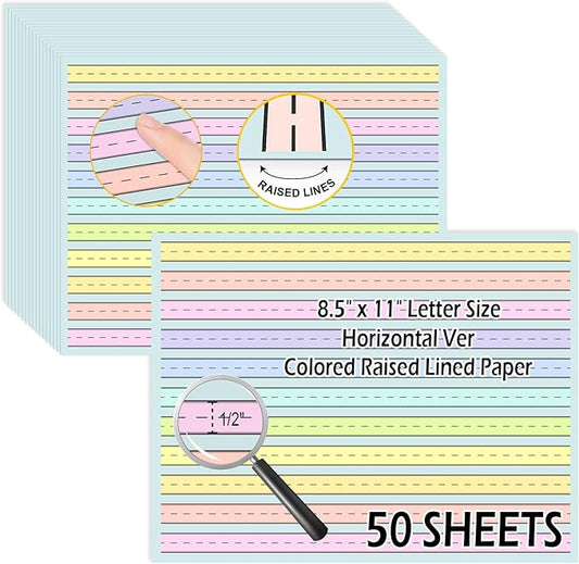 50 Sheets Horizontal Handwriting Paper Raised Line Paper Wide Ruled 0.5 Inch Kindergarten Writing Paper with Lines 8.5"x 11" Colored ADHD Writing Practice for Kids Learning Multi Sensory Dysgraphia