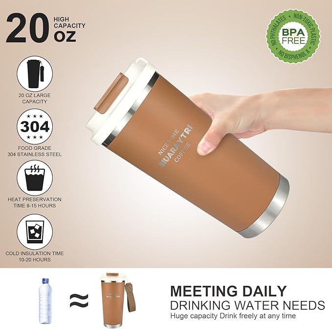 20oz Tumbler Stainless Steel Vacuum Insulated Coffee Travel Mug Reusable Iced Coffee Cup Hot Coffee Travel Mug with lid and straw Cupholder Friendly Leak-Proof BPA Free (Brown)