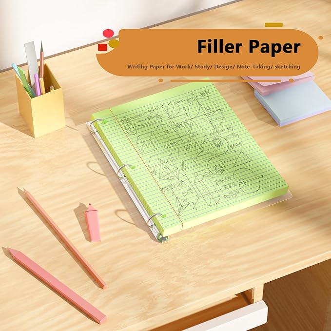 Green Loose Leaf Paper 100 Sheets Colored Filler Paper 8 * 10.5 College Ruled 3-Hole Punched for 3-Ring Binders Notebook Lined 8" x 10.5"