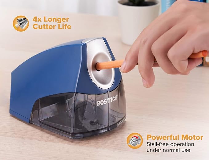 Bostitch Office Electric Pencil Sharpener for Classroom & Desk Use, Heavy-Duty Stall-Free Motor, High-Capacity Shavings Tray, Dark Blue