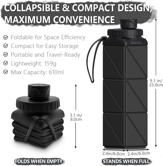 BEAUTAIL Collapsible Water Bottles 21 oz, Silicone Portable Water Bottle | BPA Free, Leakproof & Reusable, Foldable Water Bottle for Travel, Hiking, Camping, Cycling, School, Gym, 2-Pack, Black+Blue