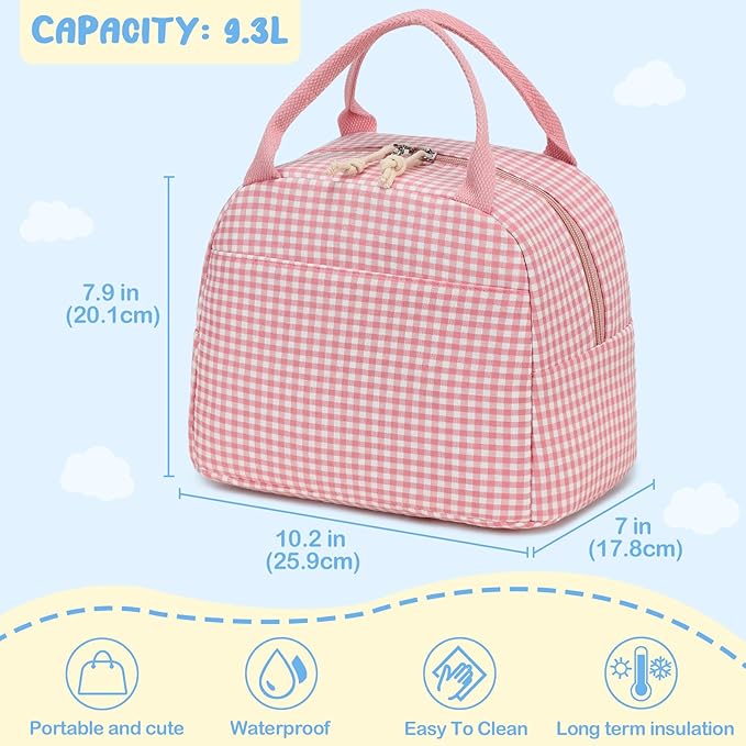CAMTOP Lunch Box Kids Insulated Lunch Bag Large Reusable Leakproof Cooler Lunch Bags for Boys Girls School Travel Picnic (Pink and White Checkered)