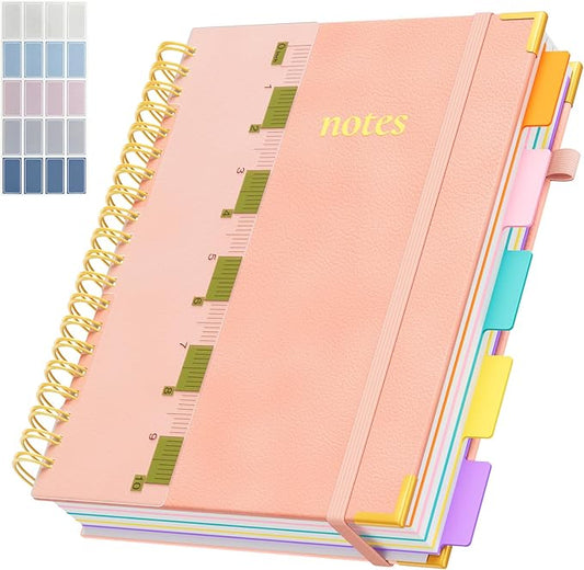XYark A4 Hardcover Spiral Notebook, 8.5"x11" College Ruled Notebooks with Removable Dividers Tabs & Ruler, 5 Subject Notebook 300 Pages, Large Lined Journal for Women School Work Office, Light Pink