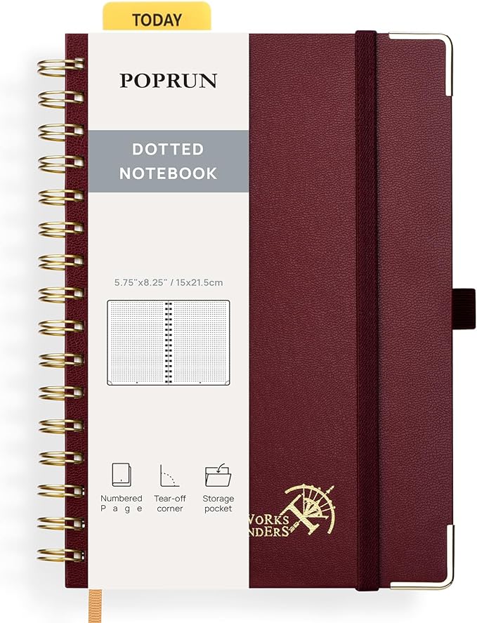 POPRUN Dotted Journal Spiral Notebook, A5 Hardcover Bullet Journals for Women Men, 120 GSM Thick Paper, 141 Pages Dot Grid Notebooks for Journaling, Drawing, Writing, 5.75'' x 8.25'', Burgundy