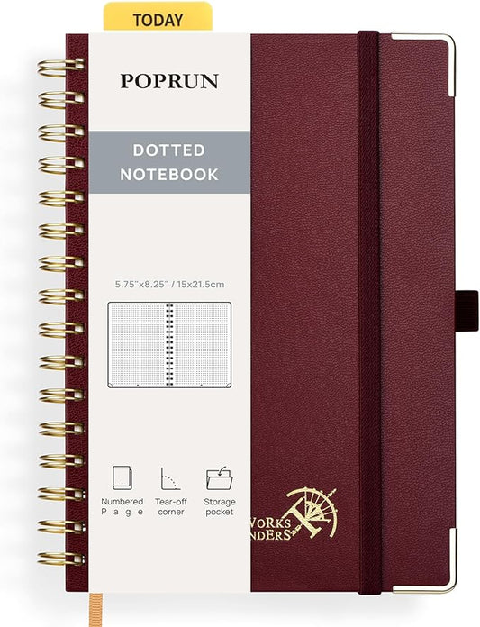 POPRUN Dotted Journal Spiral Notebook, A5 Hardcover Bullet Journals for Women Men, 120 GSM Thick Paper, 141 Pages Dot Grid Notebooks for Journaling, Drawing, Writing, 5.75'' x 8.25'', Burgundy
