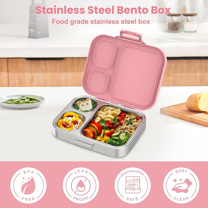 Pawtong Stainless Steel Bento Lunch Box for Kids | 3-Compartment Lunch Box Container Kids | 100% Leakproof, Eco-Friendly, Perfect Portion Control for Kids&Adult Healthy Meals (Pink)