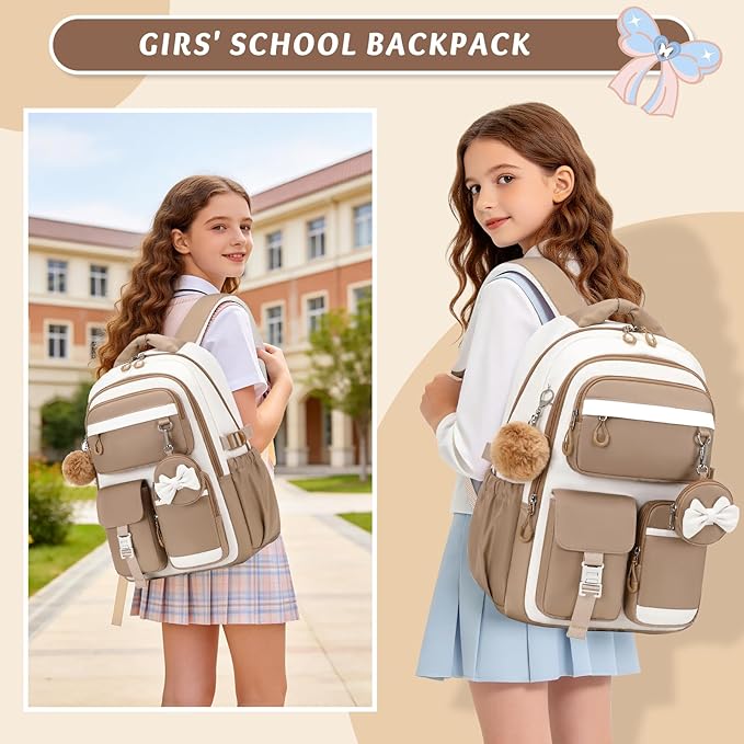 MUSEVOS Kids Teenage Girls Backpack, Elementary/Middle/High Schoolbag, Multi-Compartment Water-resistant Cute Bookbag, 17inch