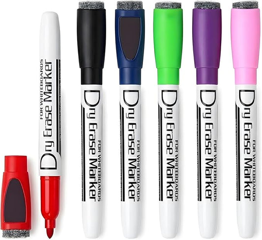 Volcanics Colored Magnetic Dry Erase Markers Fine Tip, Low Odor Whiteboard Markers with Eraser Cap, Dry Erase Pens for Calendar, Refrigerator, School, Office, Home, 6 Assorted Colors, Pack of 6