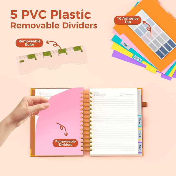 XYark A5 Hardcover Spiral Notebook, 6.3"x8.5" College Ruled Notebooks with Removable Dividers Tabs & Ruler, 5 Subject Notebook 300 Pages, Small Lined Journal for Women Men School Work Office, Orange