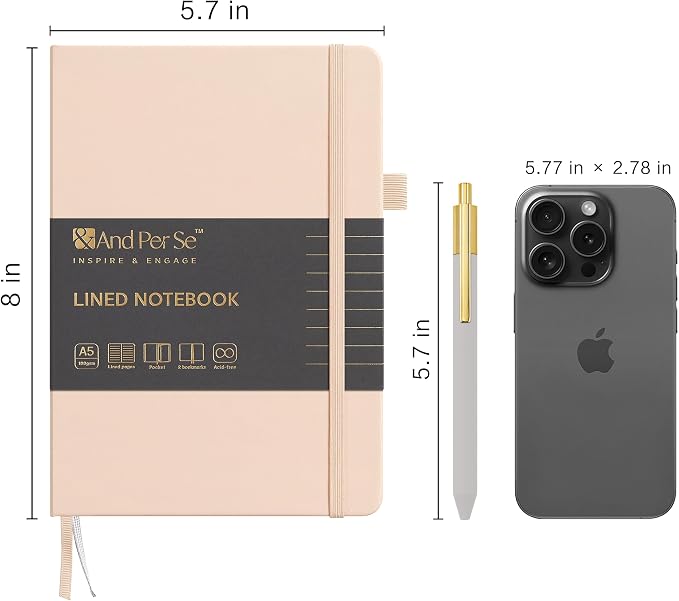 &And Per Se Lined Journal and Pen Set, A5 Leather Hardcover Notebook with Pen & Stationary Set, 160 Pages 100GSM Thick Ruled Paper Journal for Business Work Writing (Light Apricot)