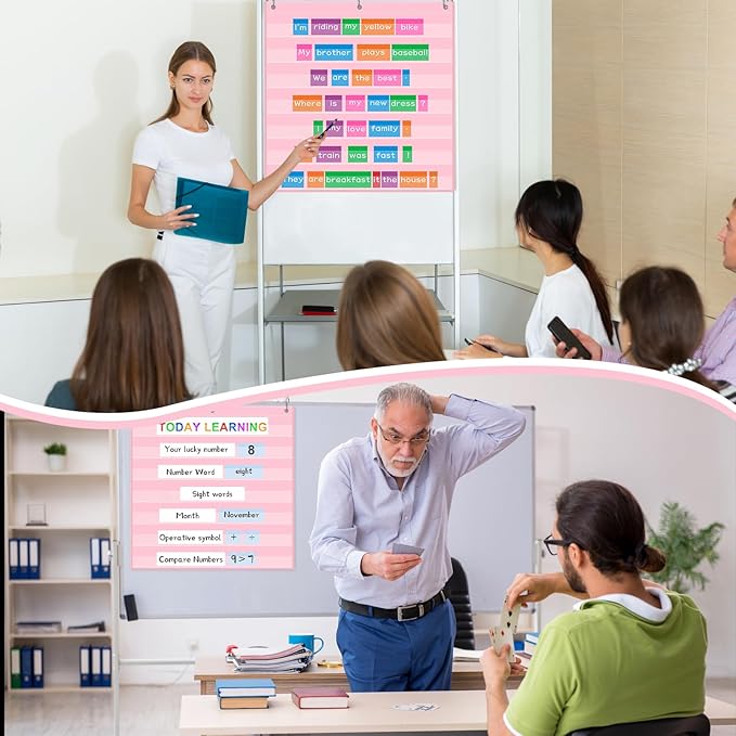 Standard Pocket Chart 28 x 28 Inches Transparent 7 Pocket Charts for Walls Letter Word Cards Sentence Strips School Classroom Supplies Home Back to School Teacher Gifts(Pink)