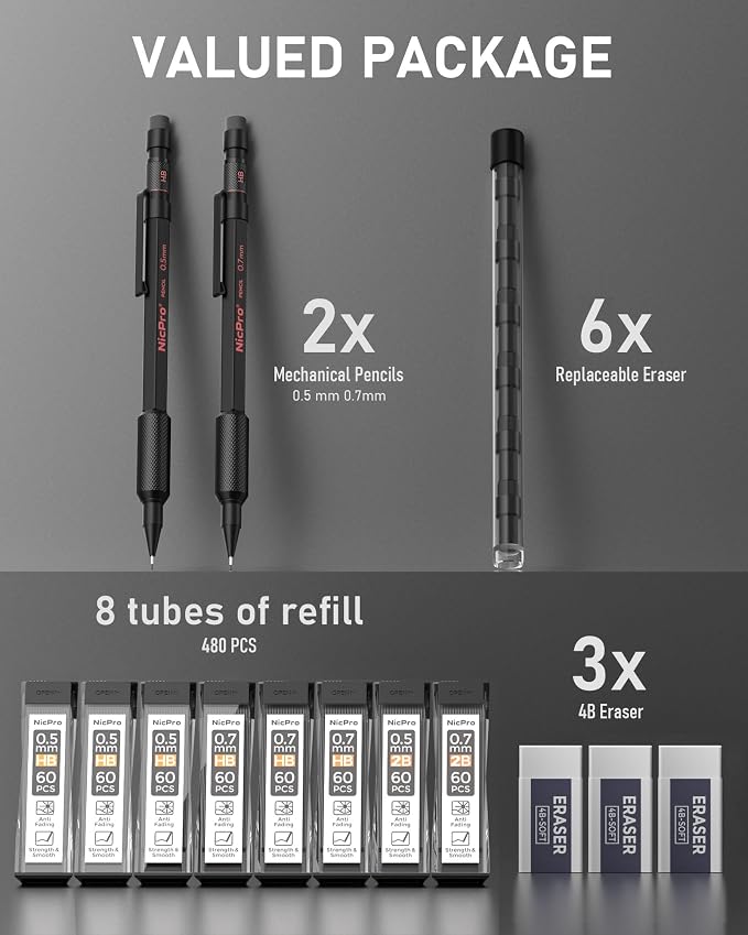 Nicpro 0.5 mm & 0.7 mm Metal Mechanical Pencil Set with Case, 2 PCS | Heavy Duty Lead Pencil + 6 Tube HB 2B Lead Refill, Eraser, Weatherproof Metal Barrel for Outdoor Writing Drafting Drawing