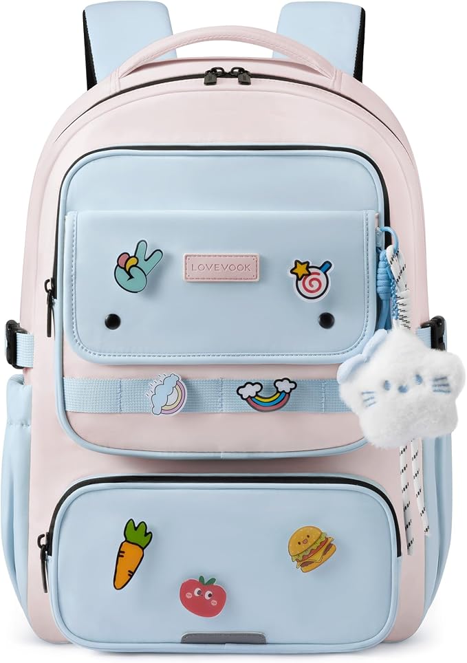 LOVEVOOK School Backpack for Teen Girl, Cute Bookbag with Large Bottle Holder, Lightweight Elementary Middle High School Student Backpack Fits 15.6 Inch Laptop, Back to Schools Kid Gift, Blue-Pink